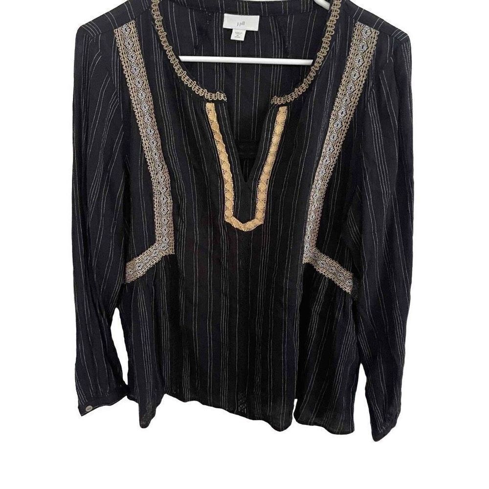 J. Jill‎ Black Tan White Embroidered Blouse Cotton Viscose Rayon Size M Petite